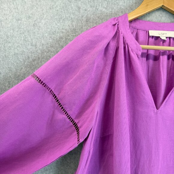 LOFT Purple Cutout Linen Blend Pocket Dress Tunic Womens Medium 3/4 Puff Sleeve - Picture 7 of 16